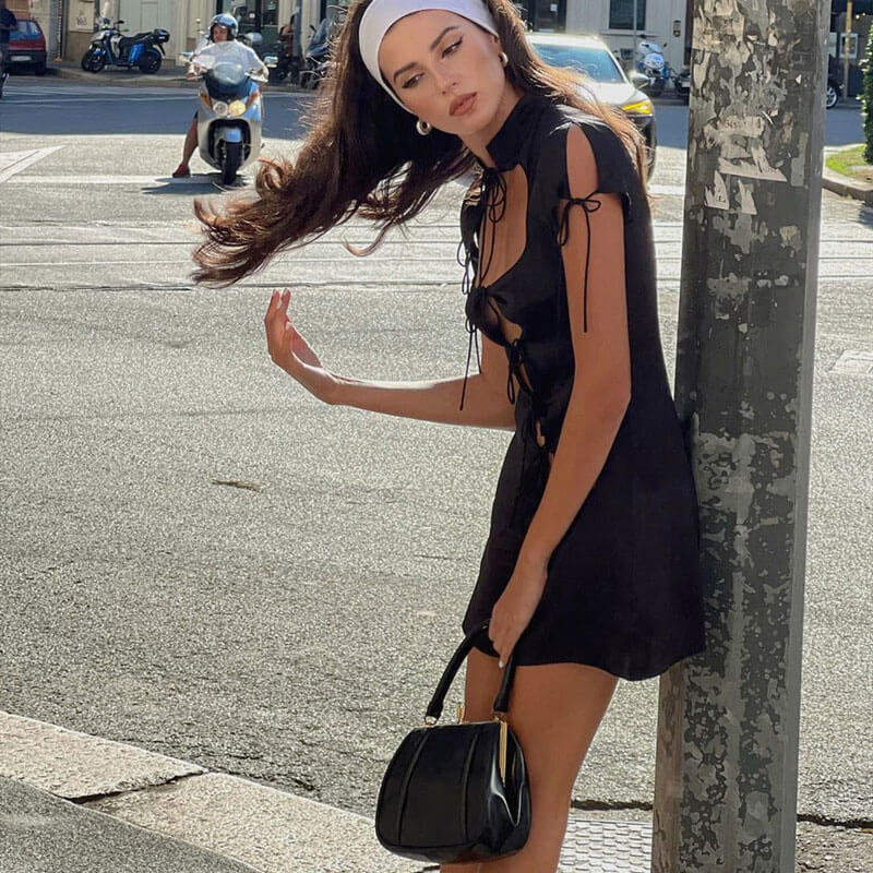 Black Mock Neck Short Sleeve Tie Front Cutout Satin Mini Dress