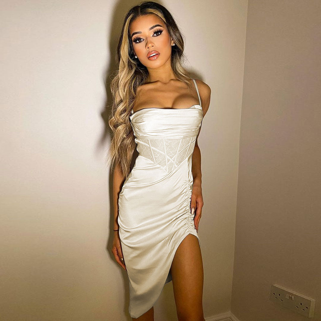 Apricot Spaghetti Strap Satin Corset Ruched High Slit Bodycon Midi Dress