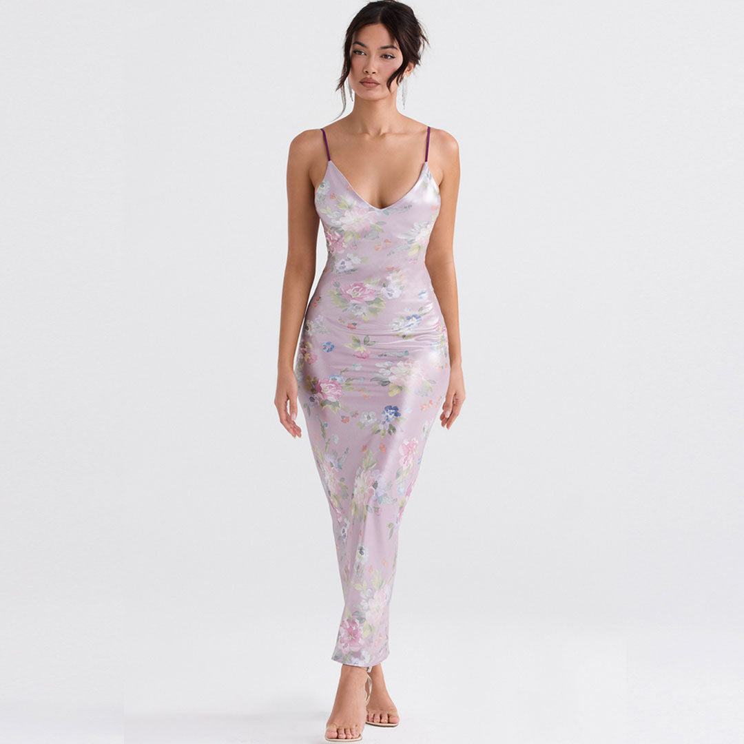 Pink Spaghetti Strap V-Neck Floral Print Satin Bodycon Maxi Dress