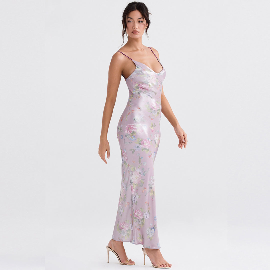 Pink Spaghetti Strap V-Neck Floral Print Satin Bodycon Maxi Dress