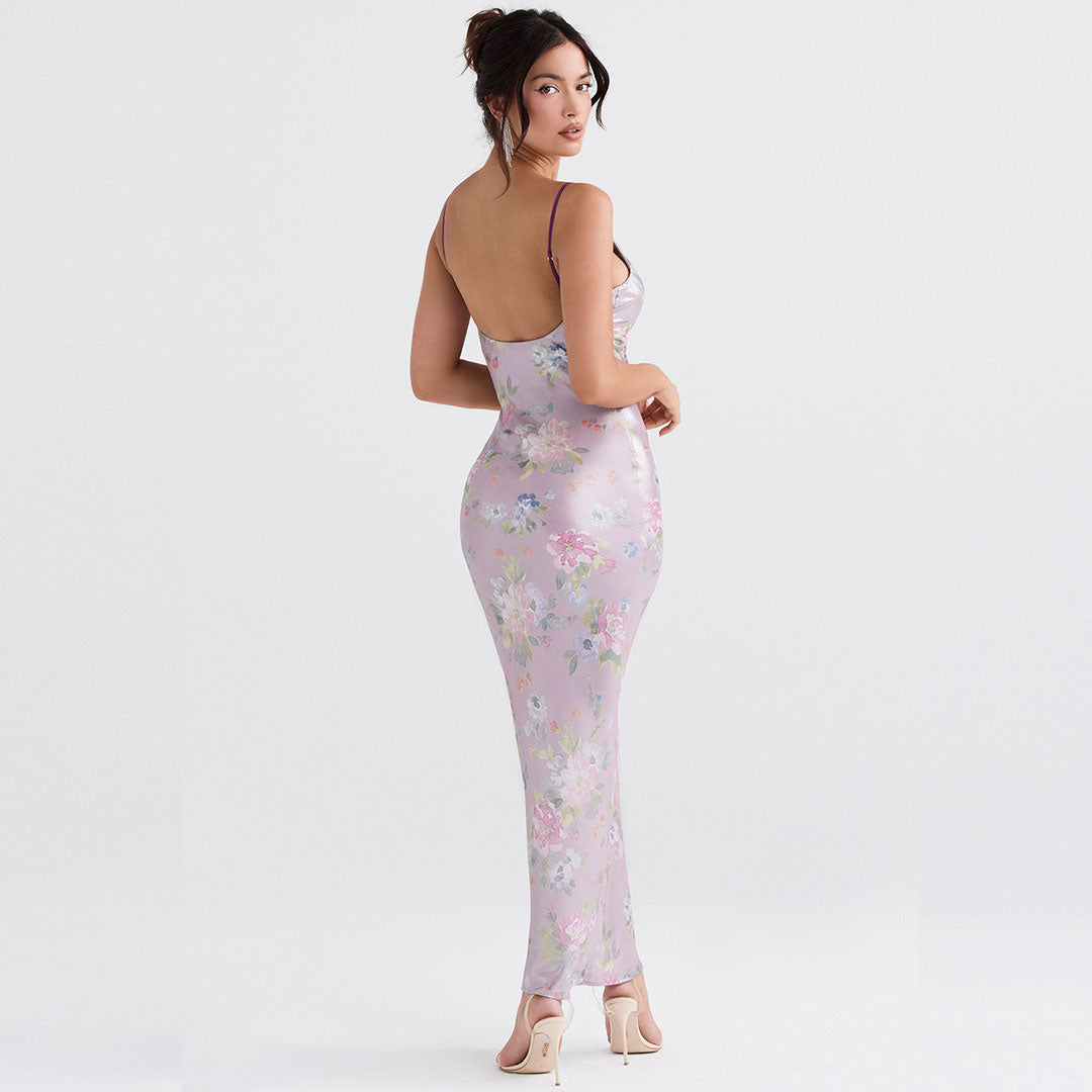 Pink Spaghetti Strap V-Neck Floral Print Satin Bodycon Maxi Dress