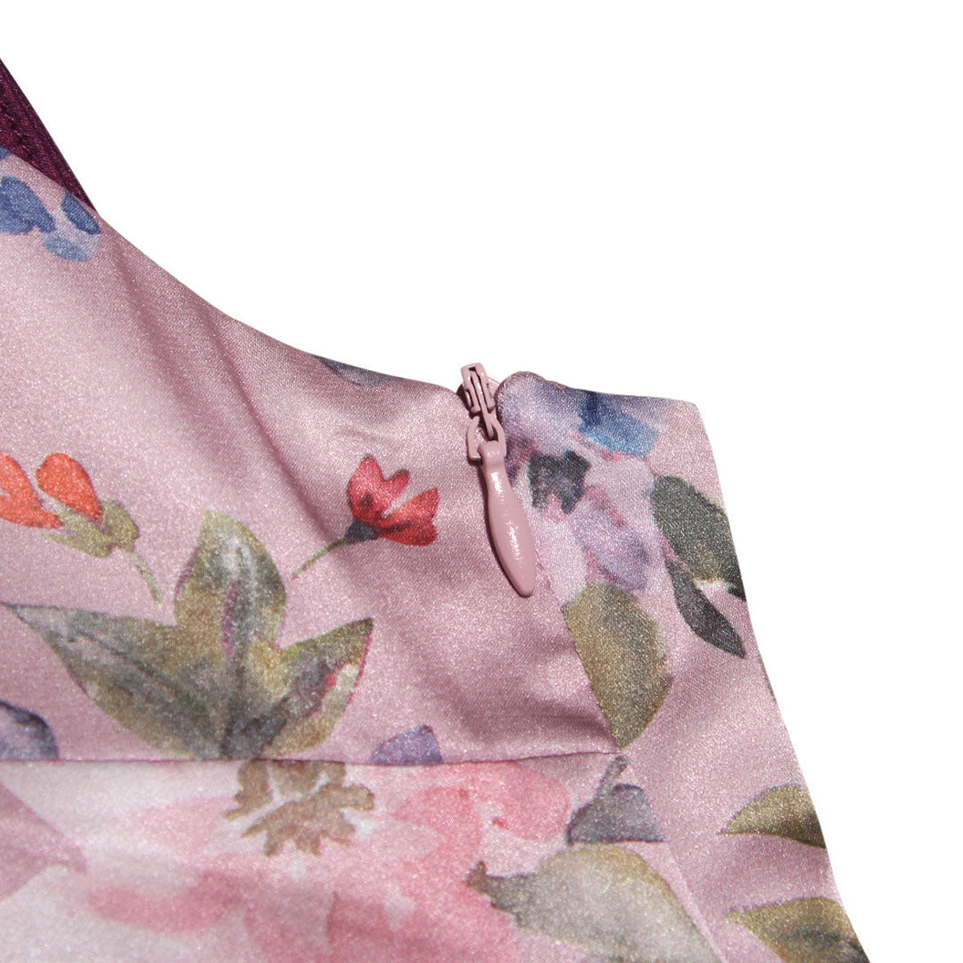 Pink Spaghetti Strap V-Neck Floral Print Satin Bodycon Maxi Dress