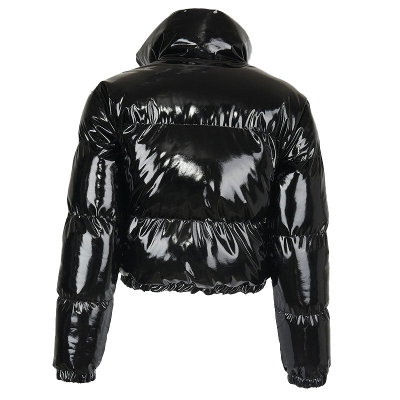 Black Glossy High Neck Long Sleeve Cropped Puffer Coat