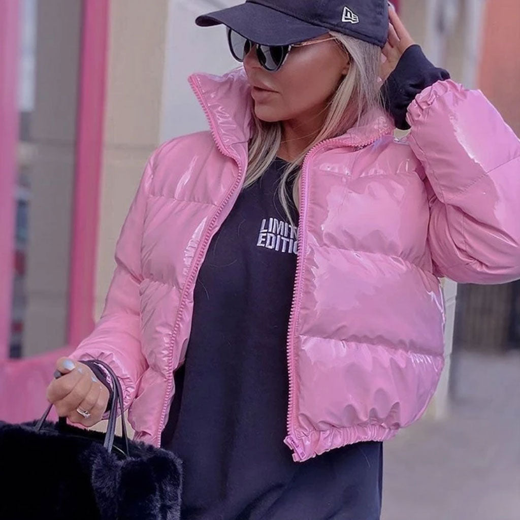 Pink Glossy High Neck Long Sleeve Cropped Puffer Coat