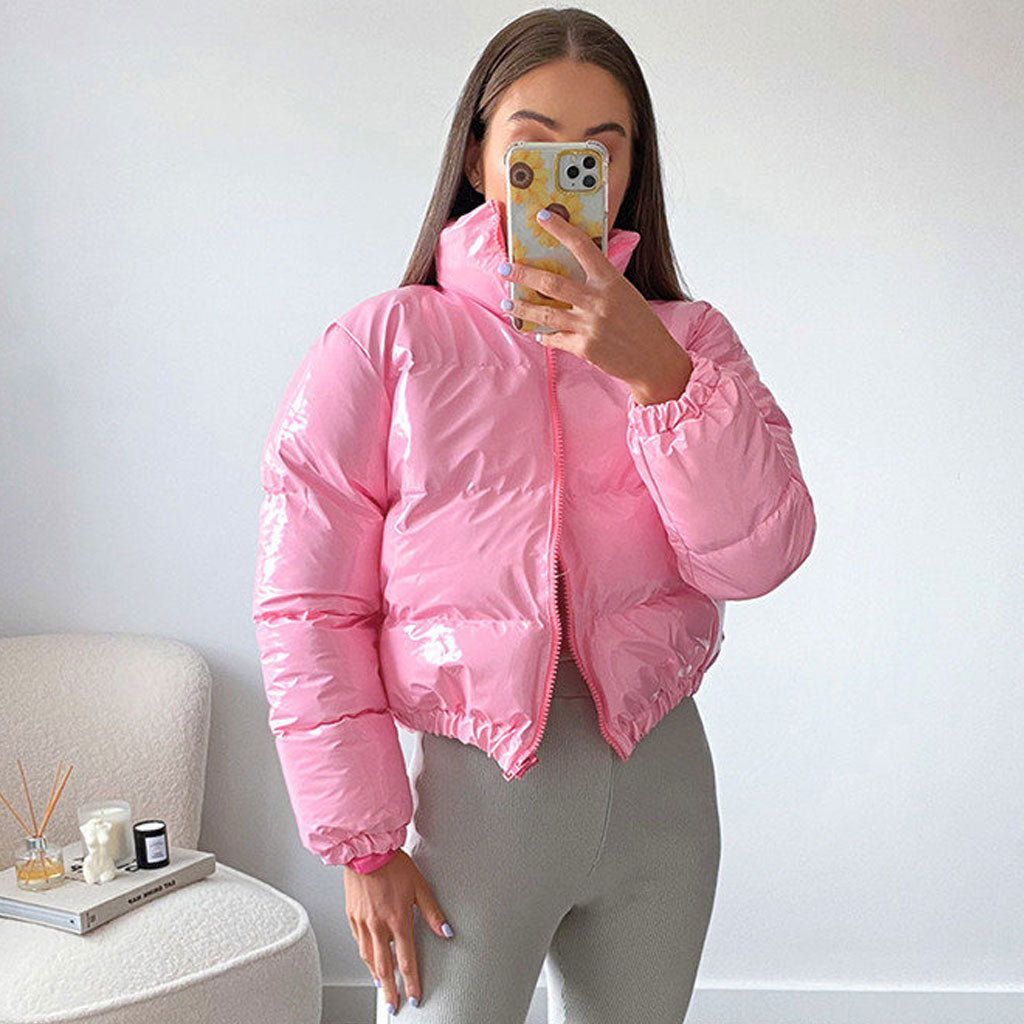 Pink Glossy High Neck Long Sleeve Cropped Puffer Coat