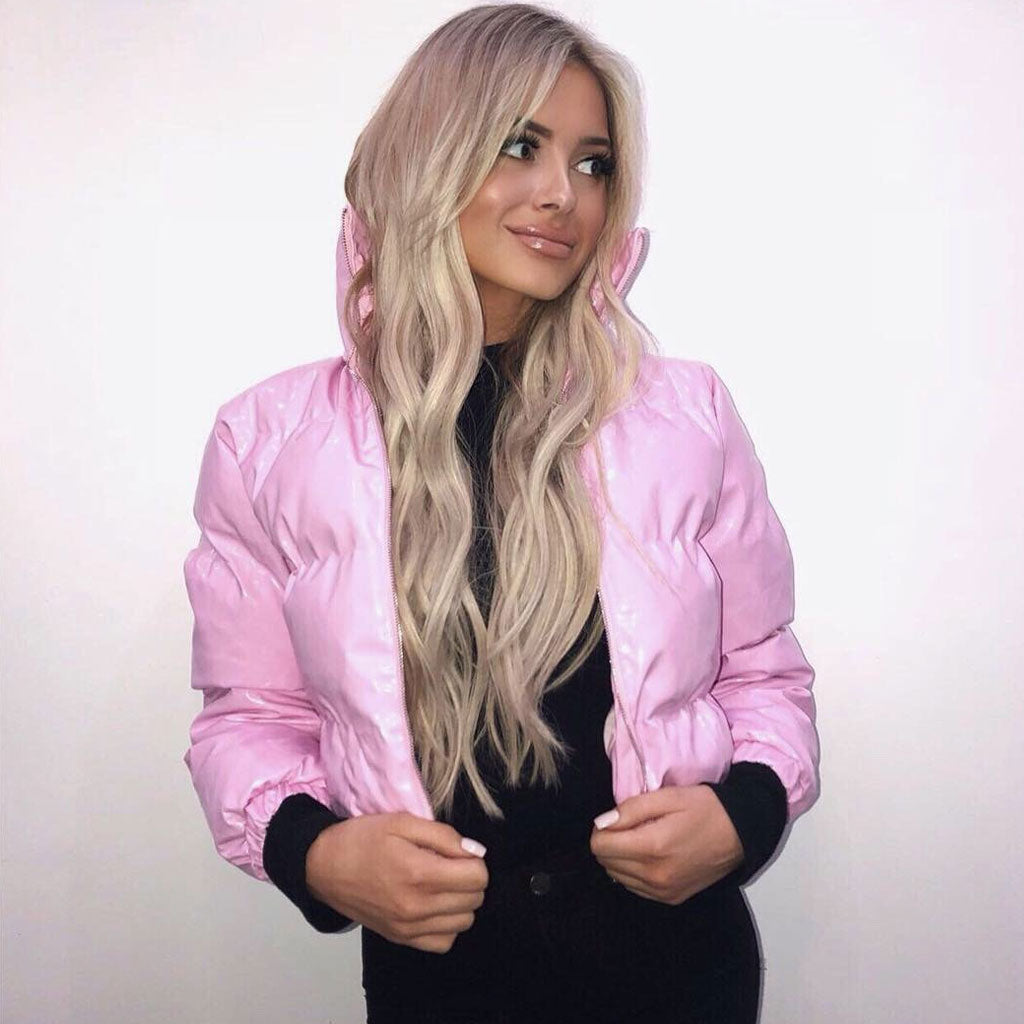 Pink Glossy High Neck Long Sleeve Cropped Puffer Coat