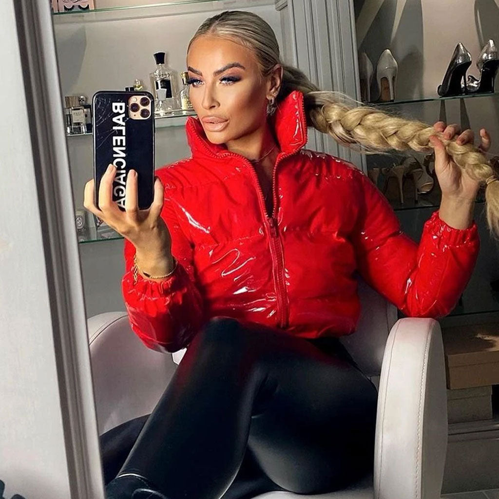 Red High Neck Long Sleeve Glossy Cropped Puffer Jacket