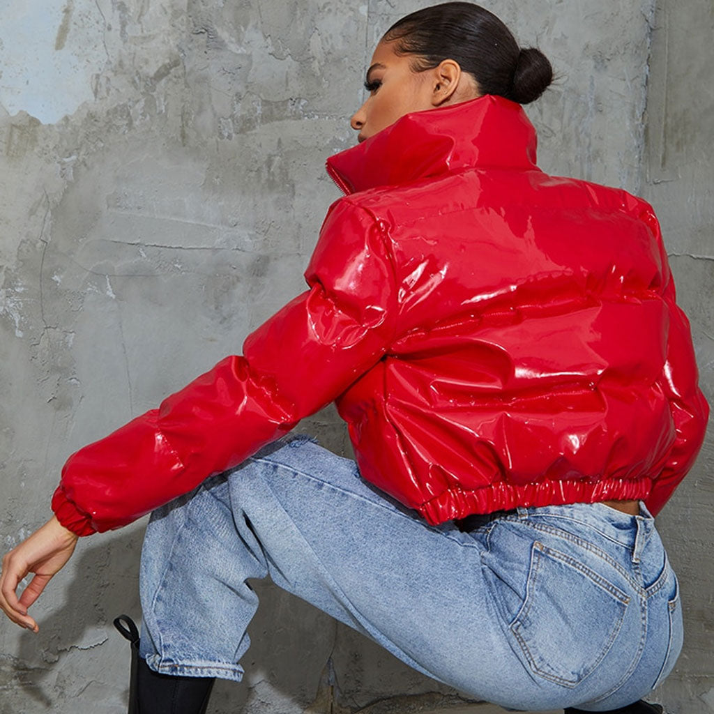 Red High Neck Long Sleeve Glossy Cropped Puffer Jacket