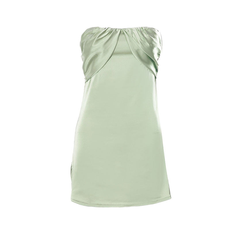 Green Strapless Glossy Satin Ruched Side Split Bodycon Mini Dress