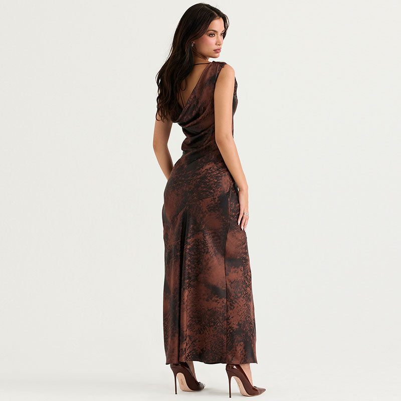 Brown Cowl Neck Sleeveless Satin Abstract Print High Slit Maxi Dress