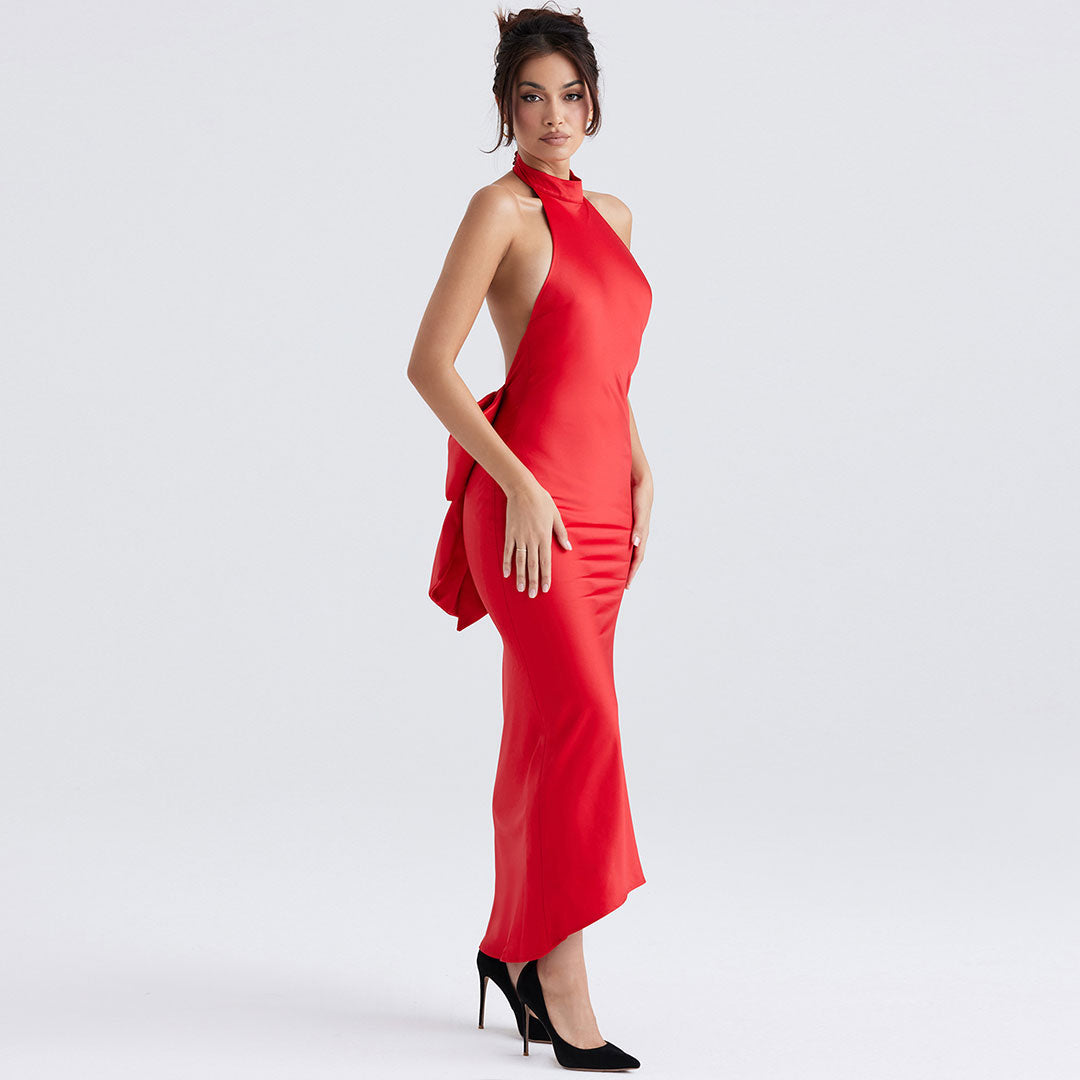 Red Halter Neck Backless Bow Back Satin Bodycon Maxi Dress