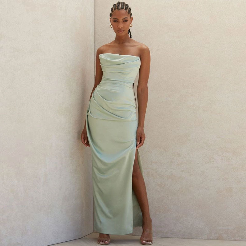 Green Strapless Satin Ruched High Slit Bodycon Maxi Gown