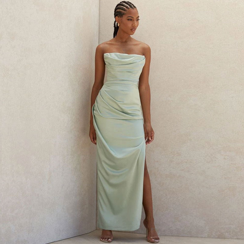 Green Strapless Satin Ruched High Slit Bodycon Maxi Gown 2