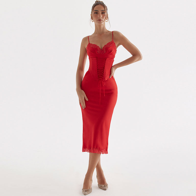 Red Spaghetti Strap Lace Trim Lace-Up Corset Satin Bodycon Midi Dress