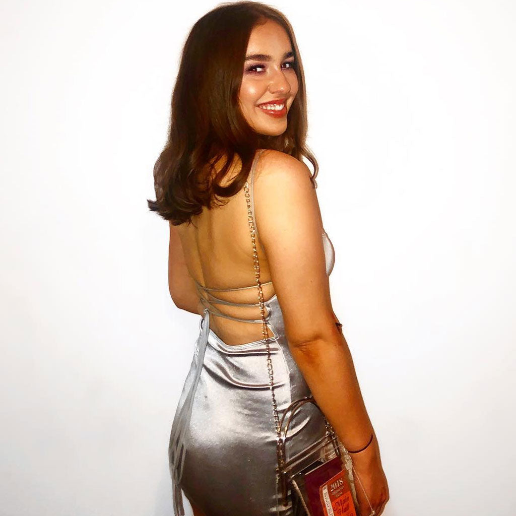 Silver Spaghetti Strap Satin Square Neck Backless Bodycon Slip Mini Dress