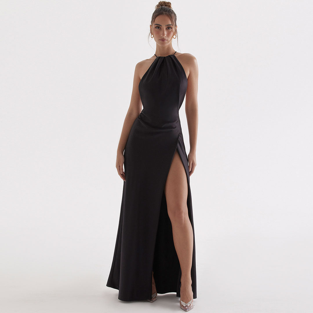 Black Halter Neck Satin High Slit Backless Maxi Gown