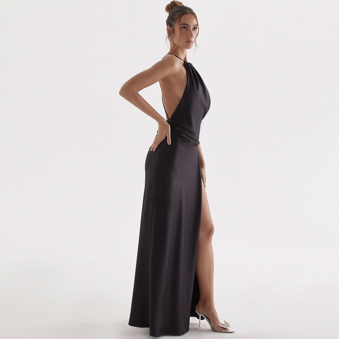 Black Halter Neck Satin High Slit Backless Maxi Gown 2