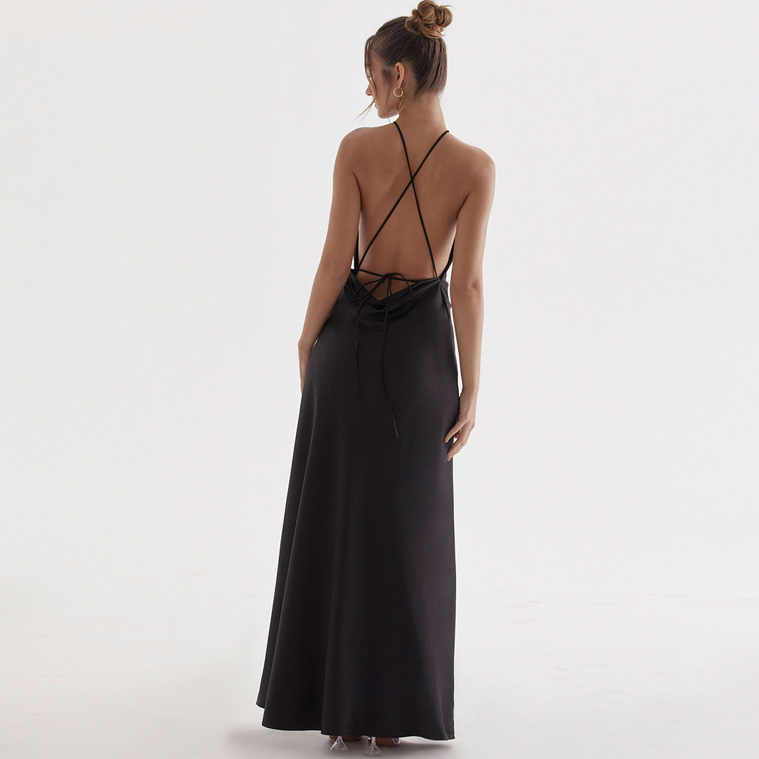 Black Halter Neck Satin High Slit Backless Maxi Gown 3