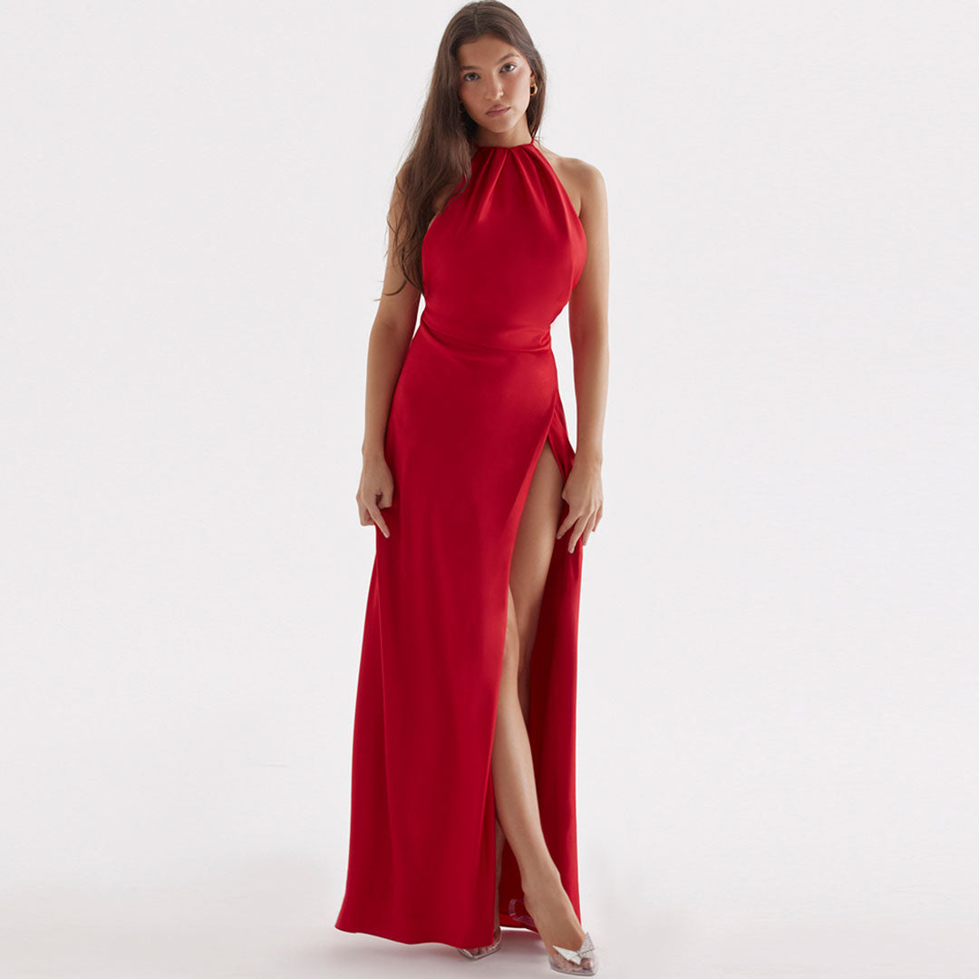 Red Halter Neck Satin High Slit Backless Maxi Gown