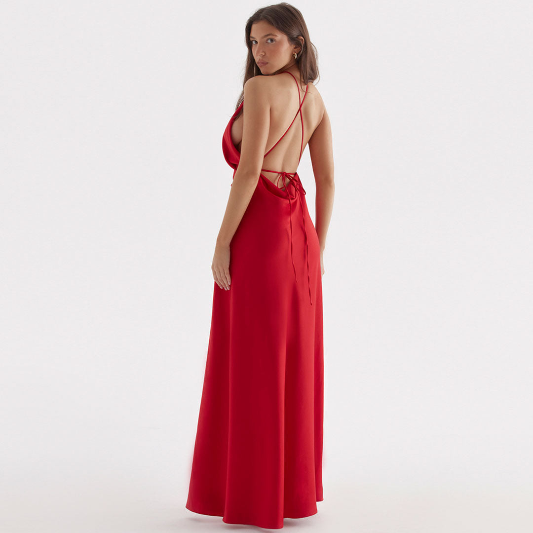 Red Halter Neck Satin High Slit Backless Maxi Gown