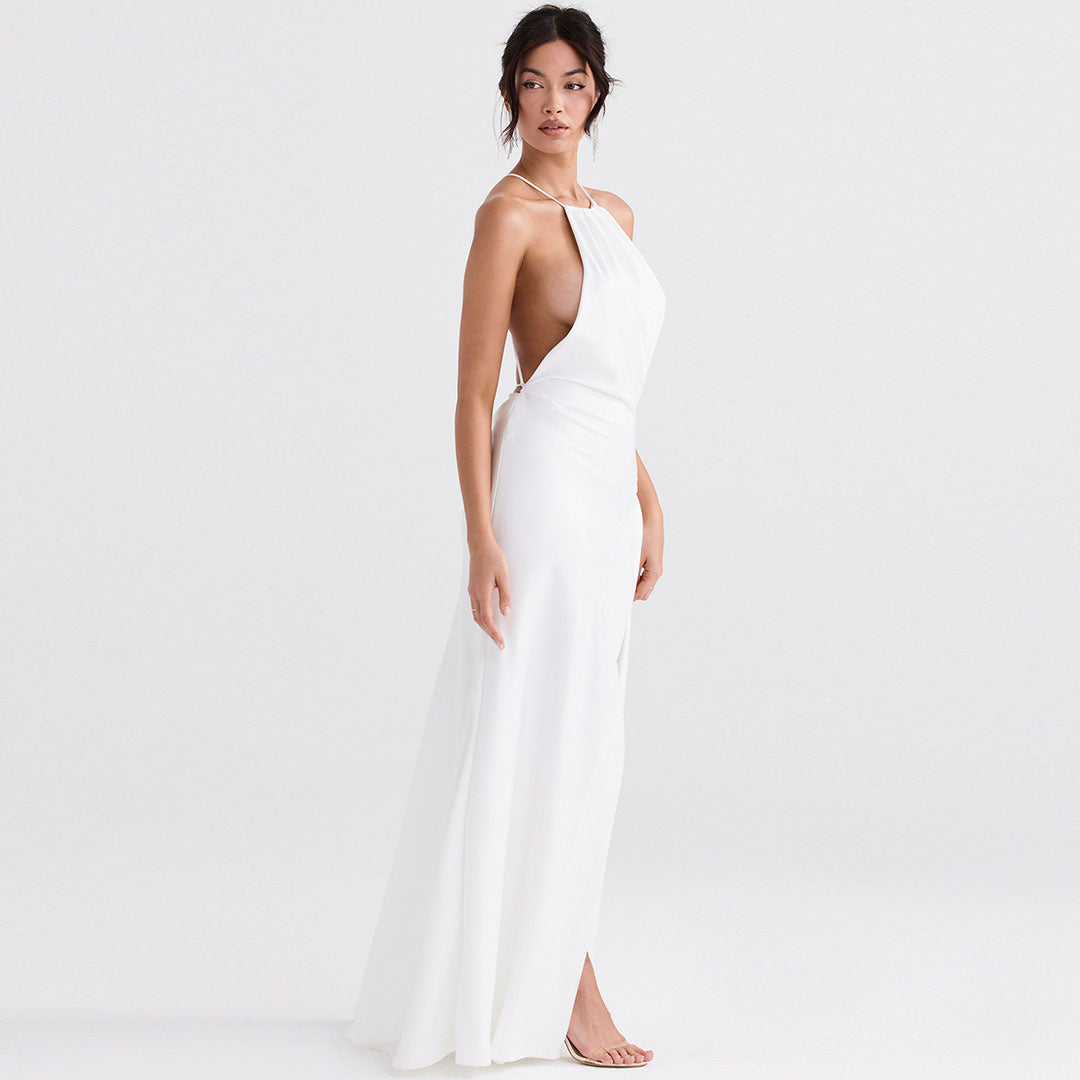 White Halter Neck Satin High Slit Backless Maxi Gown