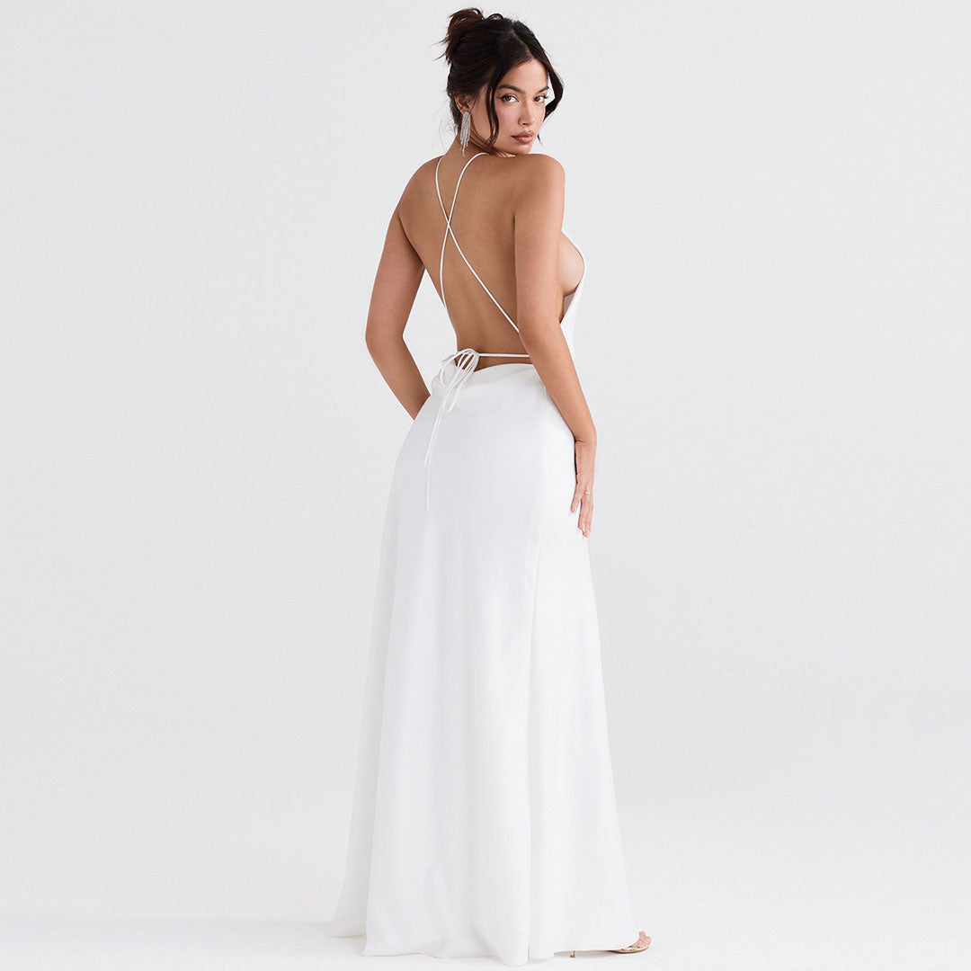 White Halter Neck Satin High Slit Backless Maxi Gown
