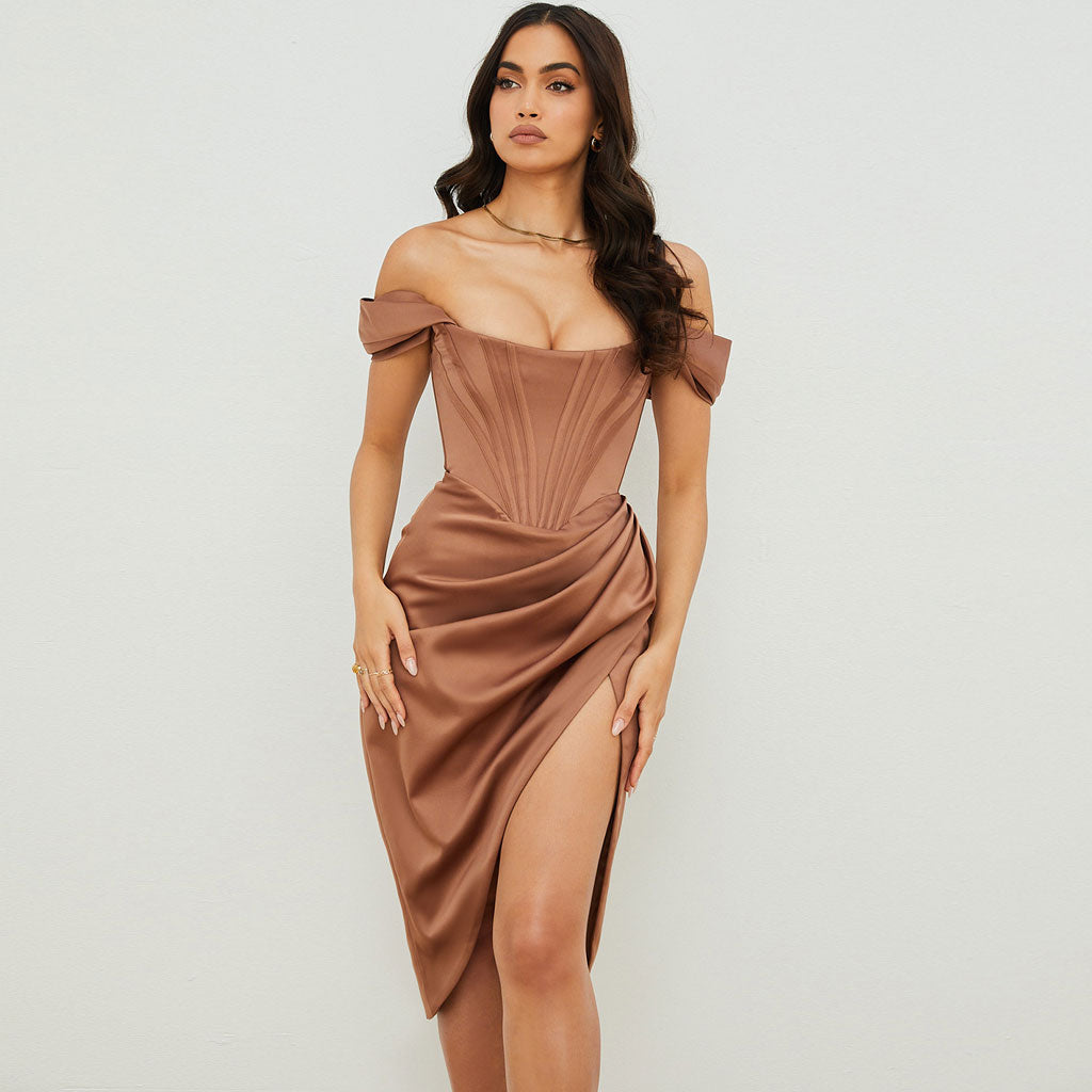 Chocolate Off-Shoulder Satin Corset Draped Wrap High Slit Midi Dress