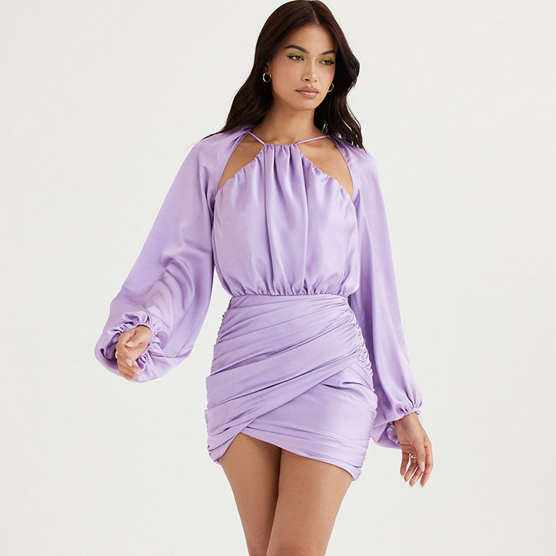 Purple Halter Neck Satin Cutout Bishop Sleeve Ruched Bodycon Mini Dress
