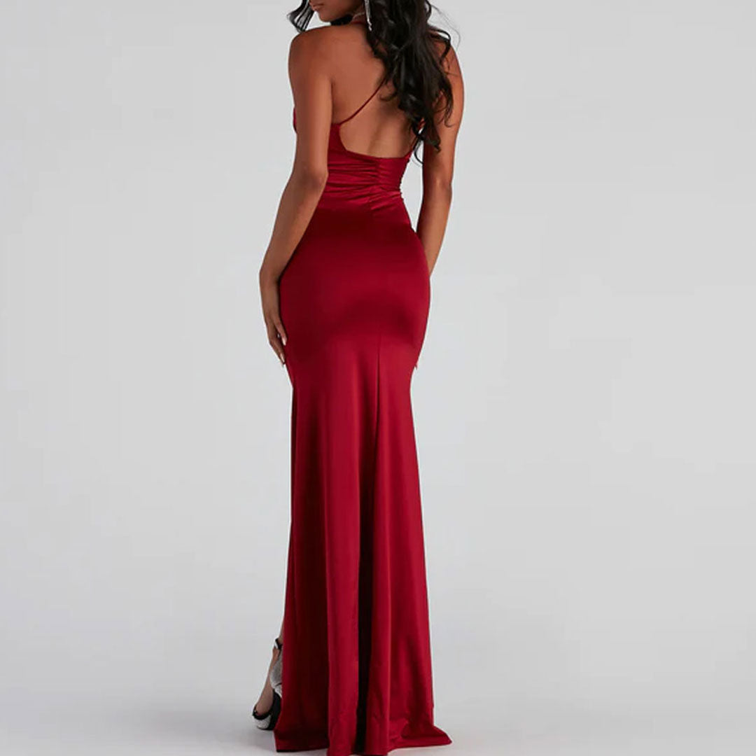Red Deep V-Neck Spaghetti Strap Satin Ruched High Slit Mermaid Gown