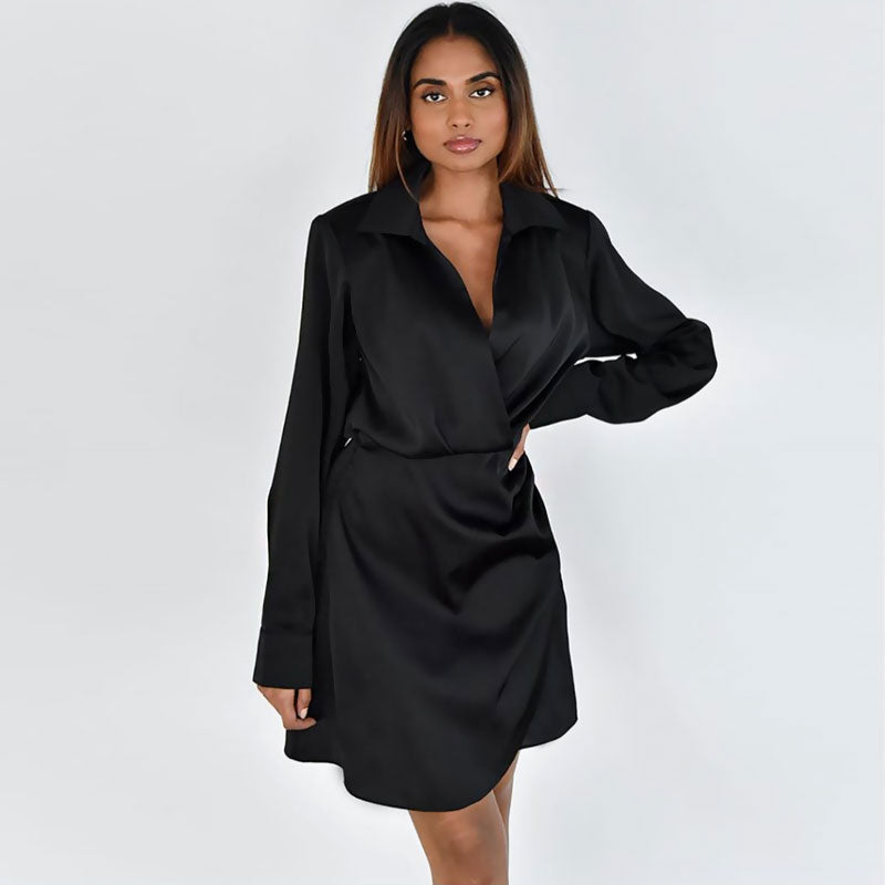 Black Spread Collar V-Neck Satin Ruched Long Sleeve Shirt Mini Dress