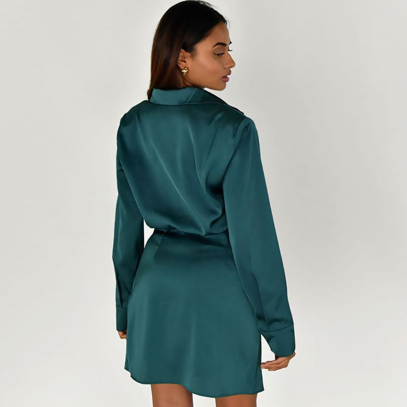 Teal Green Spread Collar V-Neck Satin Ruched Long Sleeve Shirt Mini Dress 2