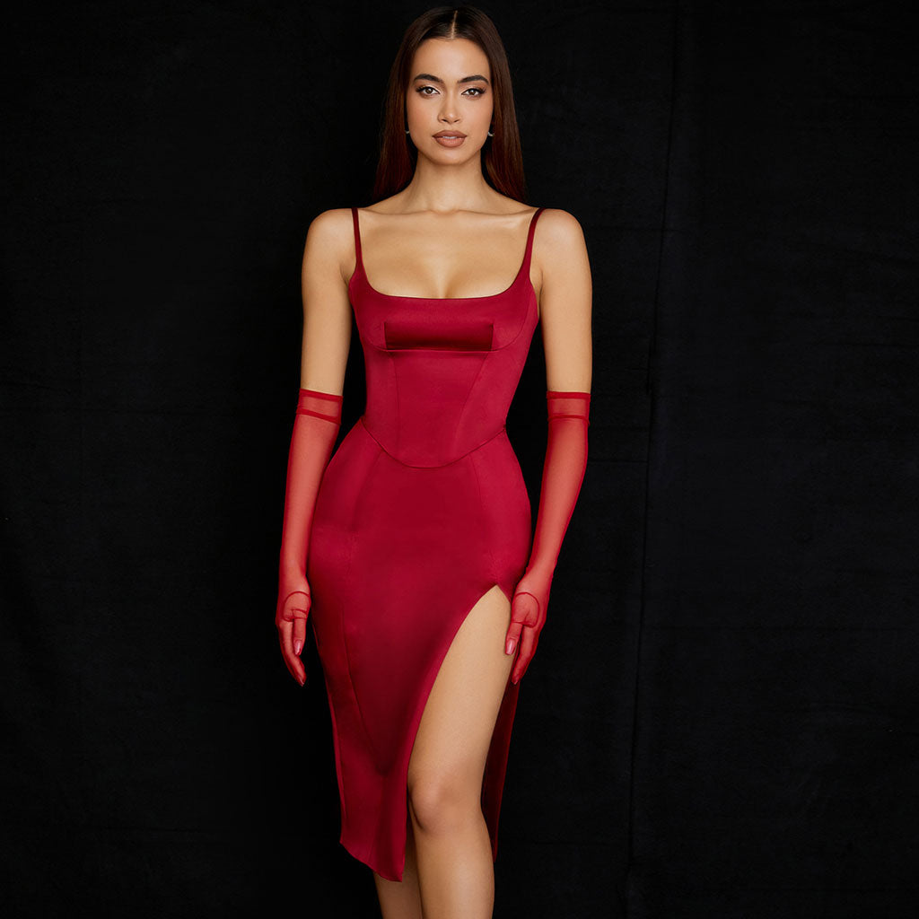 Red Scoop Neck Satin Corset High Slit Bodycon Midi Dress