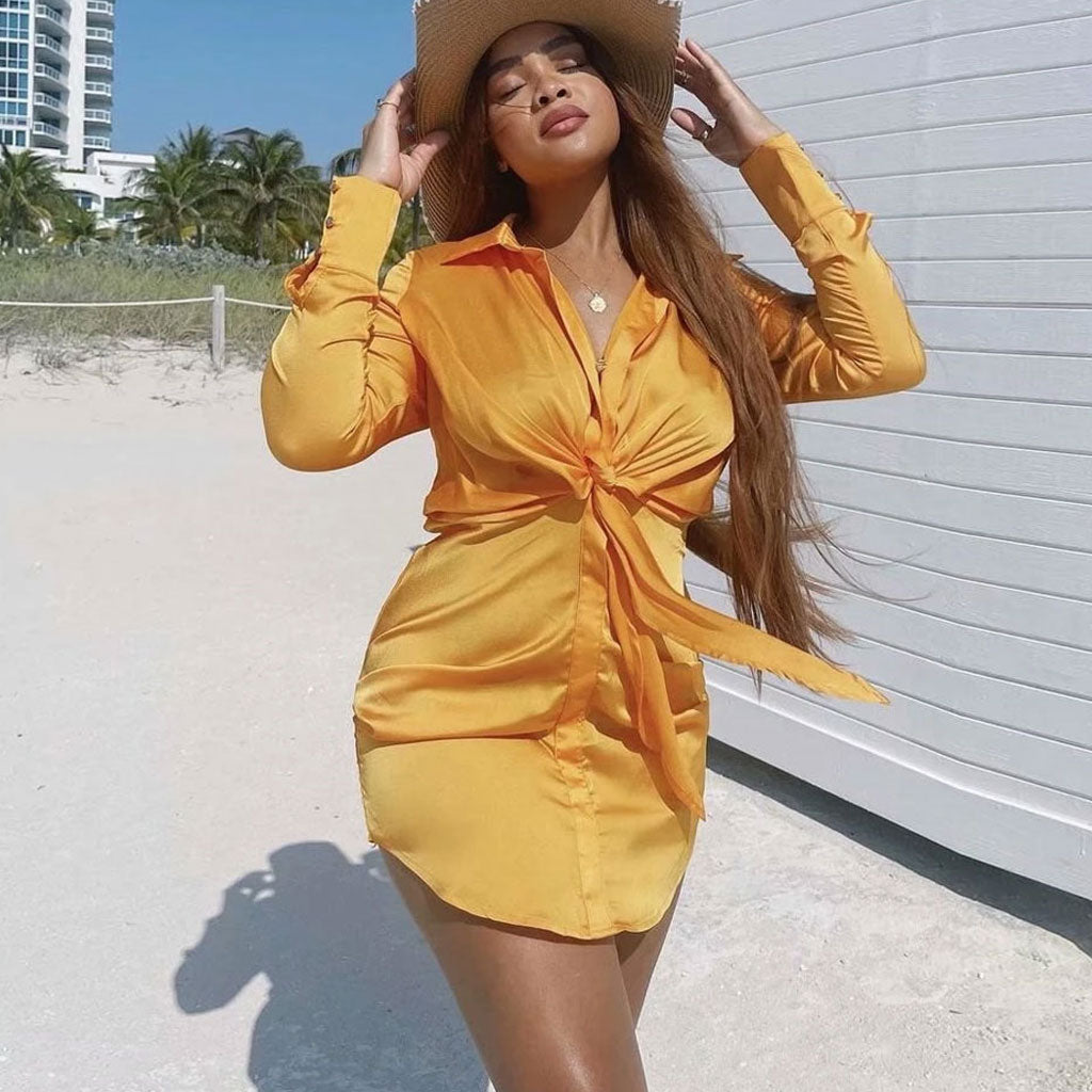 Gold Collared Knot Front Long Sleeve Satin Shirt Mini Dress