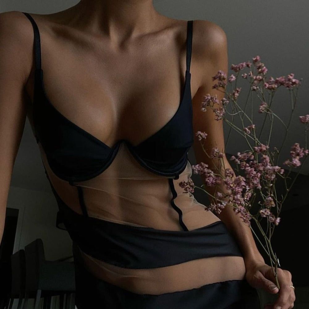 Black Spaghetti Strap Underwire Sheer Mesh Cutout Bodycon Mini Dress