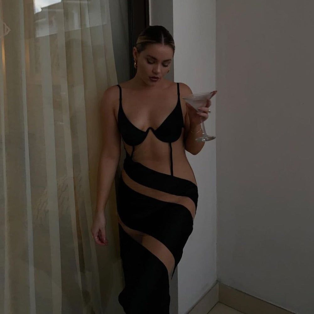 Black Spaghetti Strap Underwire Sheer Mesh Cutout Bodycon Mini Dress