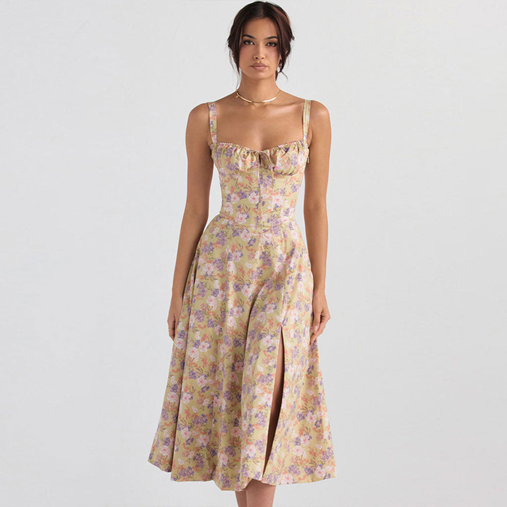 Green Floral Sweetheart Strap Corset High Slit A-Line Midi Sundress