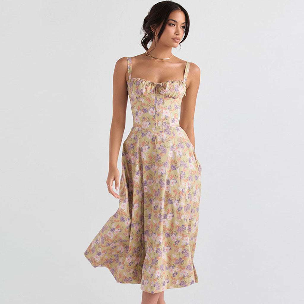 Green Floral Sweetheart Strap Corset High Slit A-Line Midi Sundress