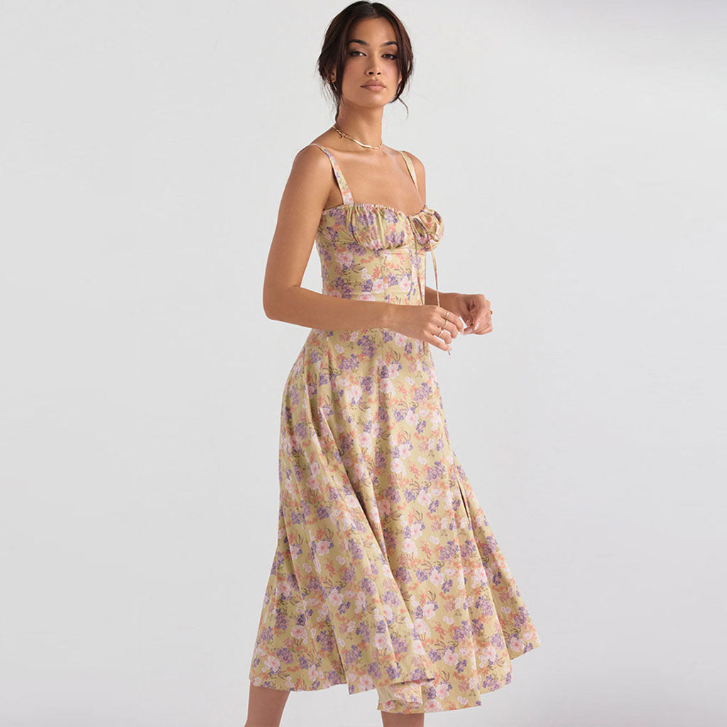 Green Floral Sweetheart Strap Corset High Slit A-Line Midi Sundress