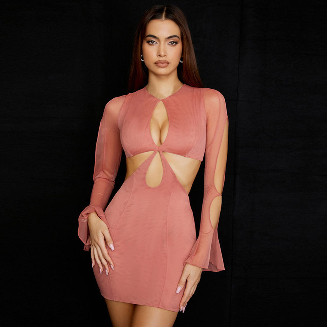 Coral Pink Round Neck Long Flare Sleeve Keyhole Cut Out Bodycon Mini Dress 3