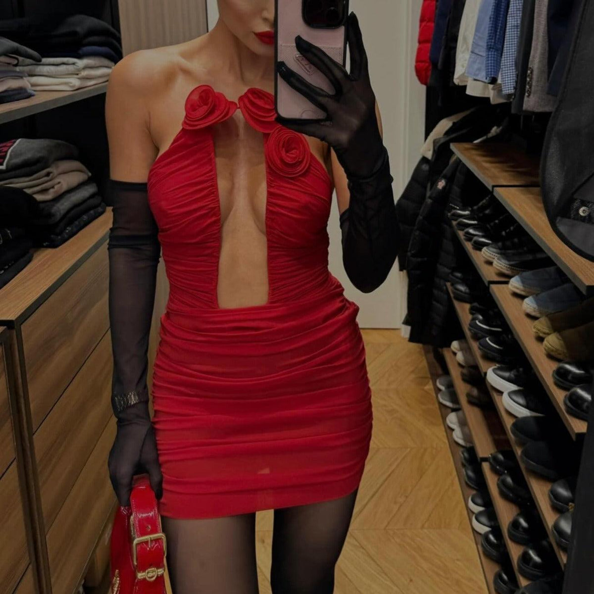 Red Halter Rosette Applique Keyhole Cutout Ruched Bodycon Mini Dress