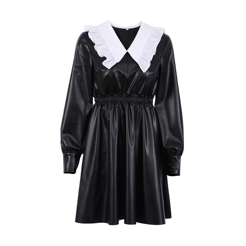 Black Ruffle Peter Pan Collar Long Sleeve Leather A-Line Mini Dress