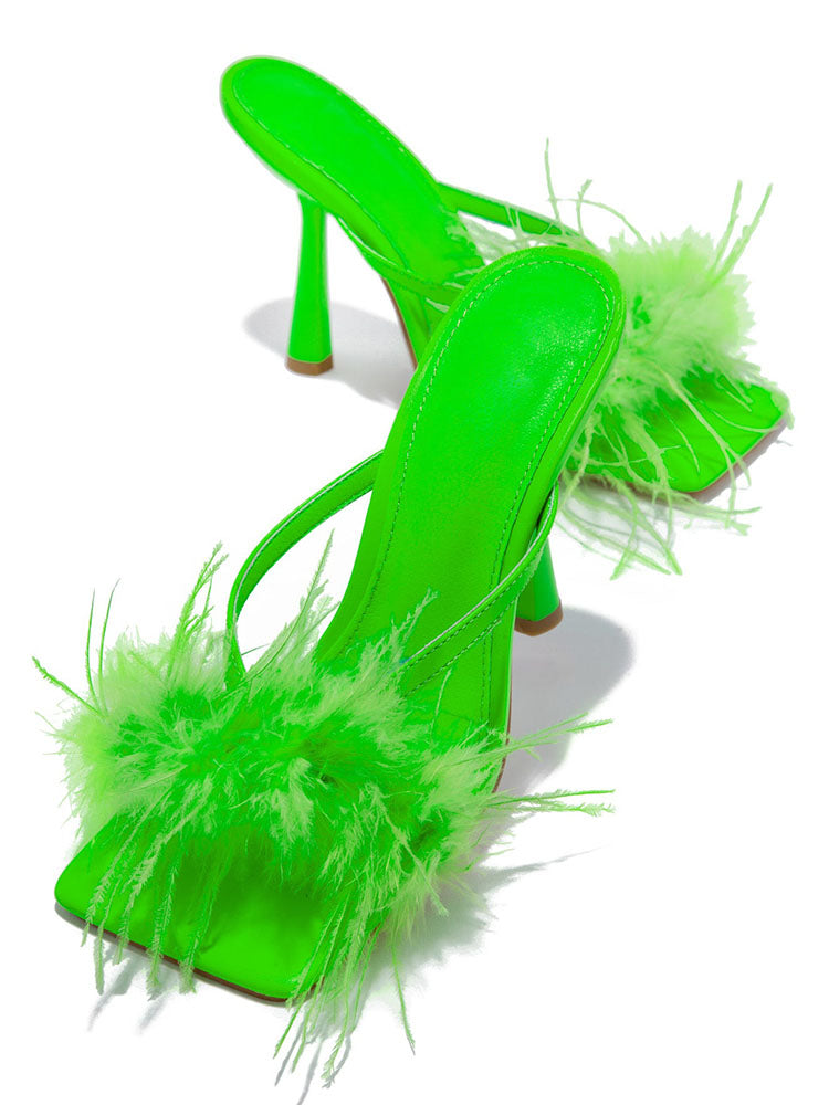 Feather Trim Square Toe Stiletto High Heel Mules