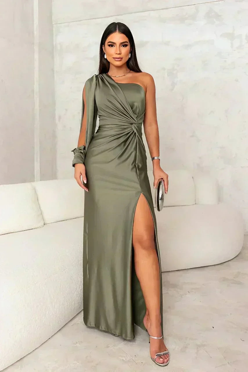 One-Shoulder Satin Twist Front Ruched High Slit Maxi Gown 2