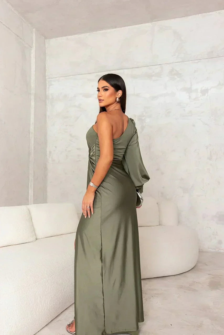 One-Shoulder Satin Twist Front Ruched High Slit Maxi Gown 3
