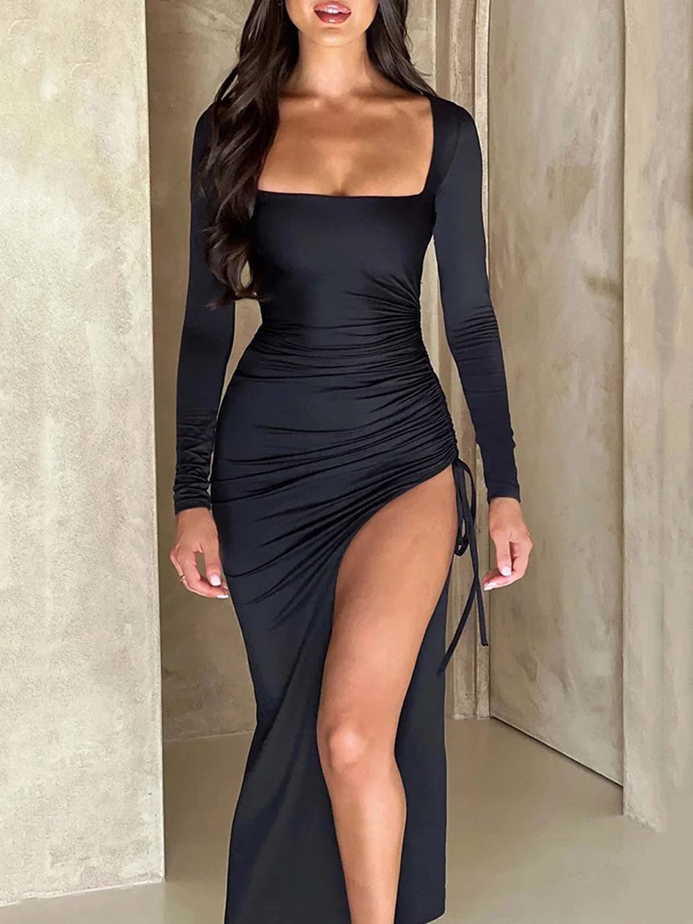 Square Neck Long Sleeve Ruched Side Gather High Split Bodycon Maxi Dress 4