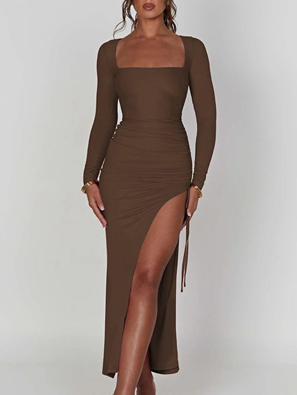 Square Neck Long Sleeve Ruched Side Gather High Split Bodycon Maxi Dress 7