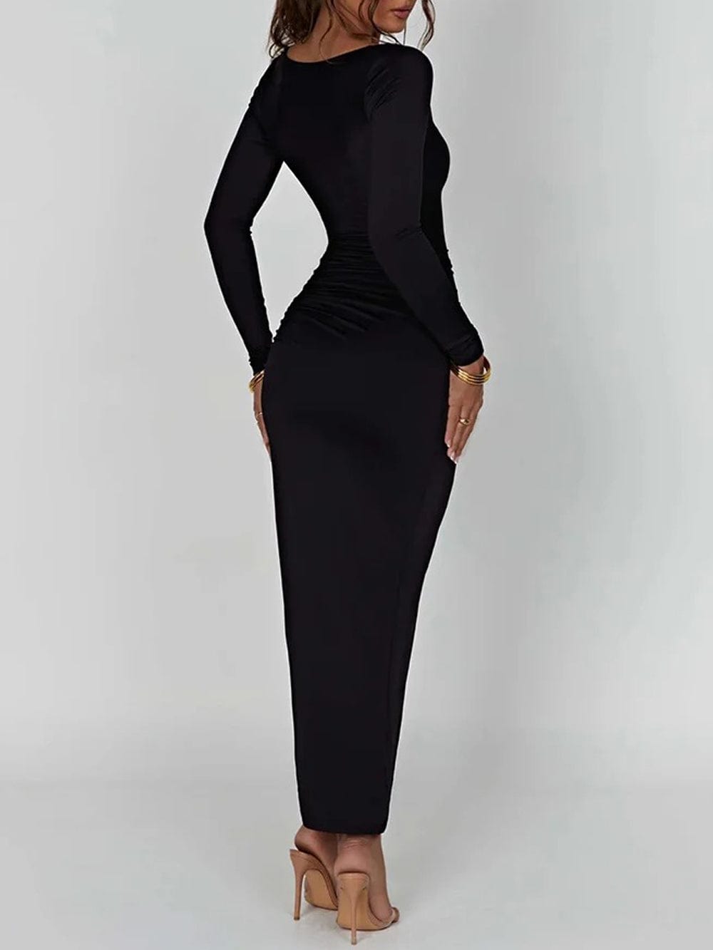 Square Neck Long Sleeve Ruched Side Gather High Split Bodycon Maxi Dress 5