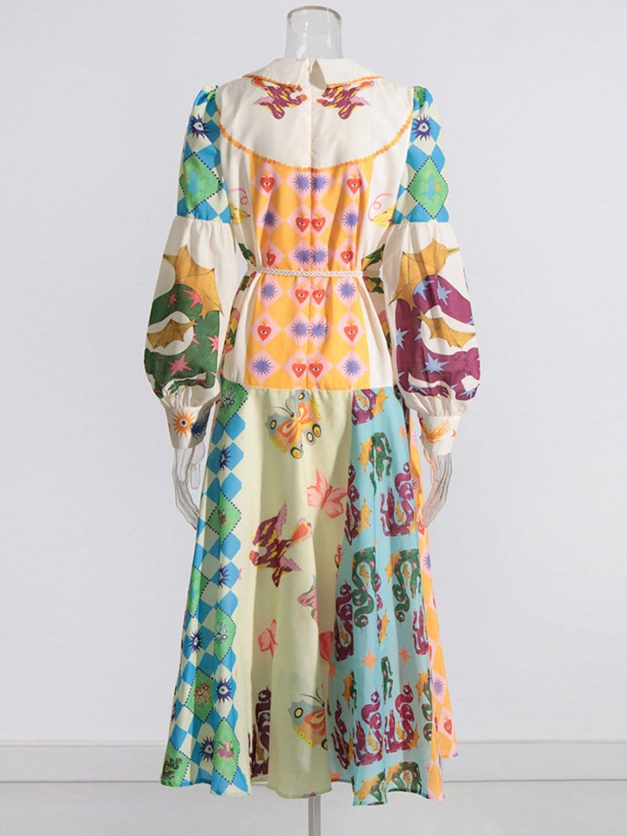 Multi Bishop Sleeve Button Front Mixed Print Patchwork Midi Shirt Dress 3