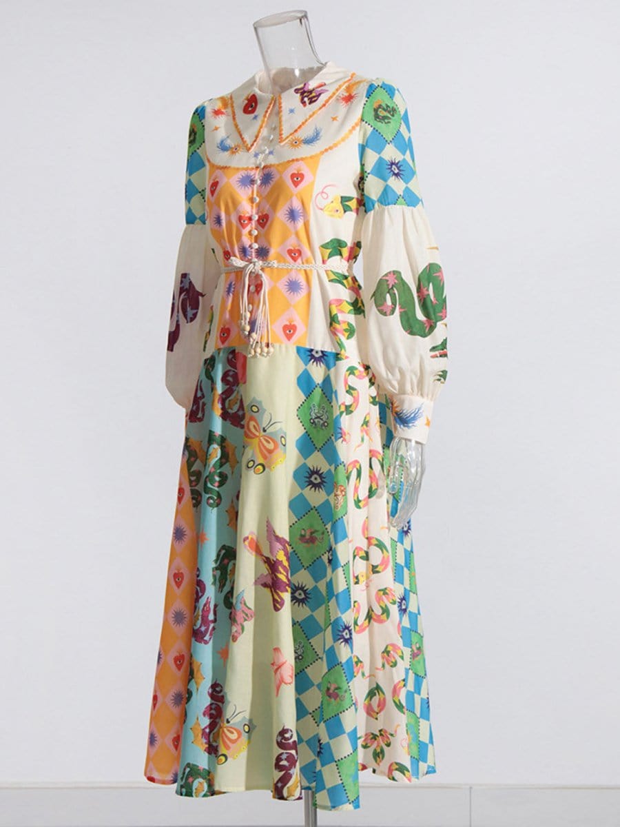 Multi Bishop Sleeve Button Front Mixed Print Patchwork Midi Shirt Dress 7
