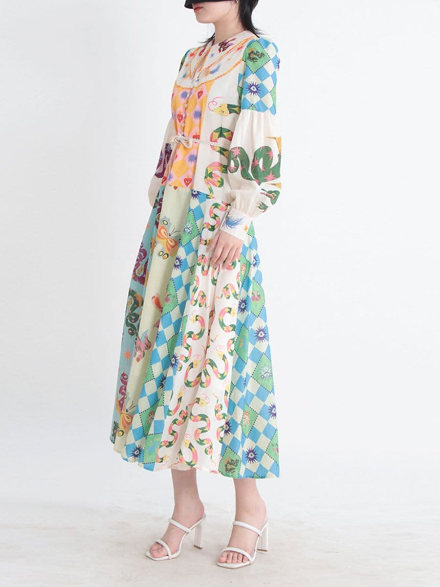 Multi Bishop Sleeve Button Front Mixed Print Patchwork Midi Shirt Dress 4